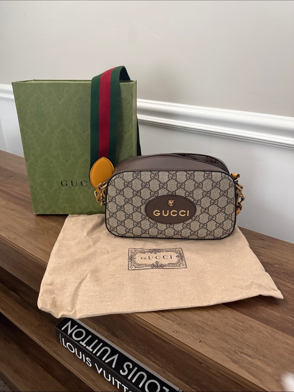 Gucci GG Supreme Dome Crossbody in Brown and Tan with Gold Logo